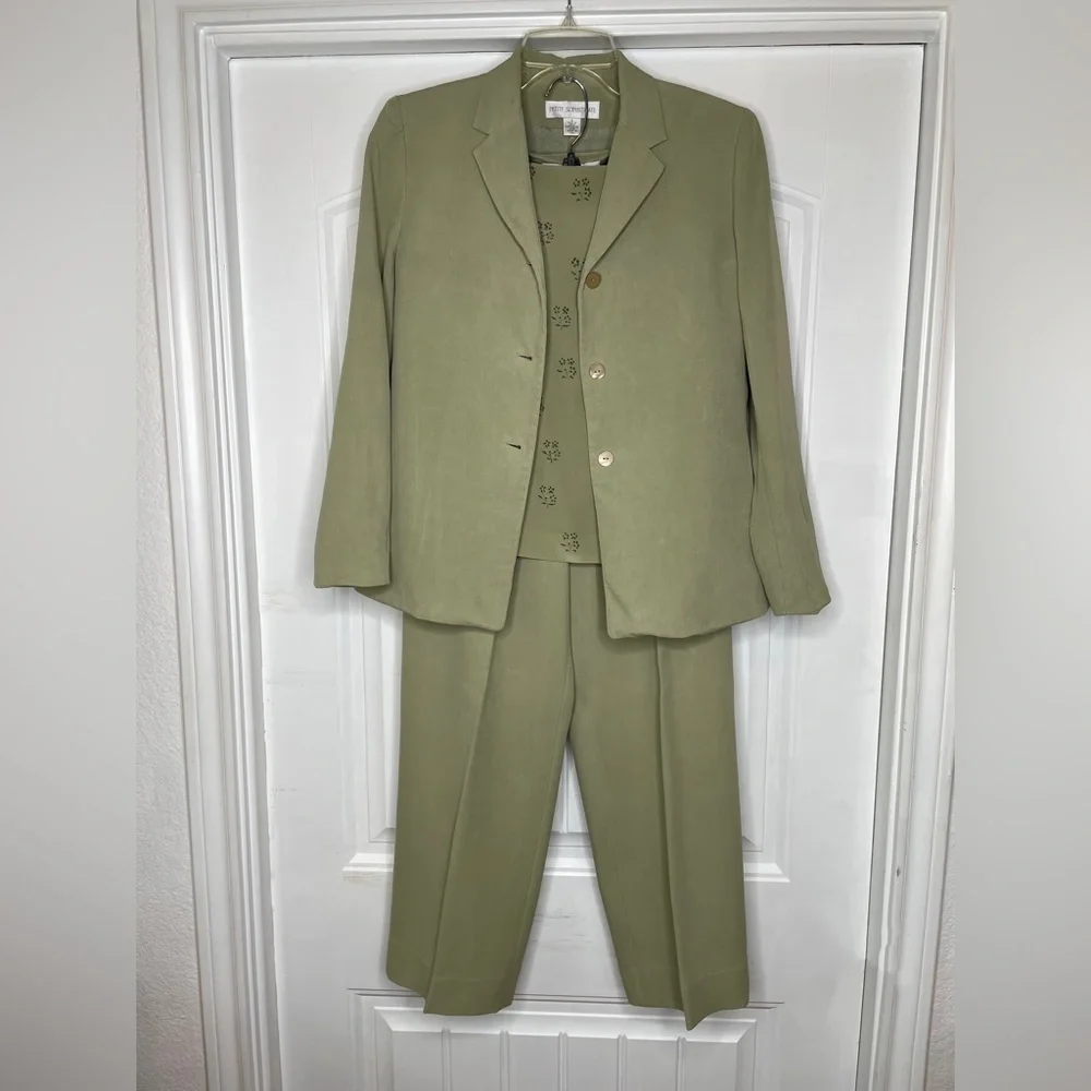 4 Piece Silk Suits Jacket, Dress, Beaded Shell, Pants Sage Green Sz 4,8,6,and 10 - Picture 2 of 14